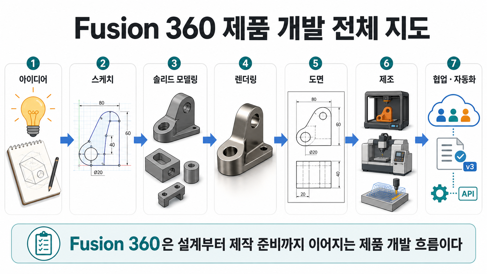 Fusion 360 제품 개발 전체 지도 인포그래픽