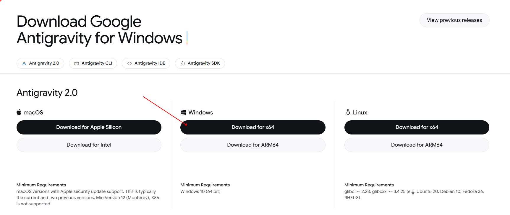 Google Antigravity Windows x64 다운로드 버튼 화면